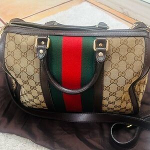 Gucci Beige and Brown Canvas Bag with Red-Green Stripe